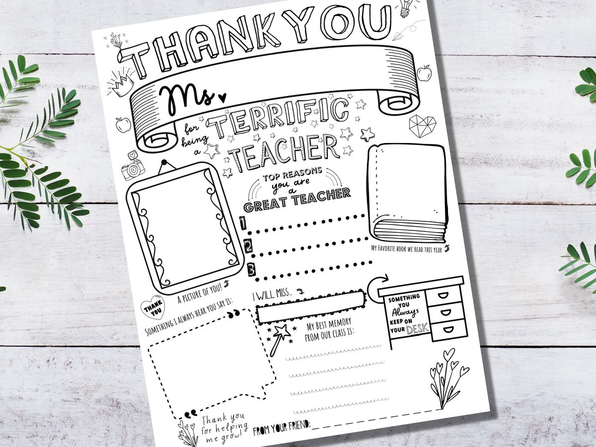 Ms - version of teacher thank you printable activity pages - Thank You for being a terrific teacher! An activity pages lying on a white wood background with some leaves around it.