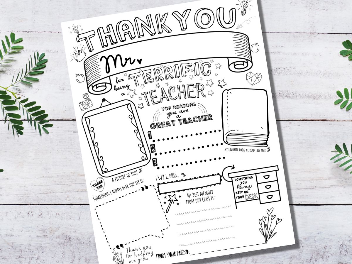 Mr. version of teacher thank you printable activity pages - Thank You for being a terrific teacher! An activity pages lying on a white wood background with some leaves around it.