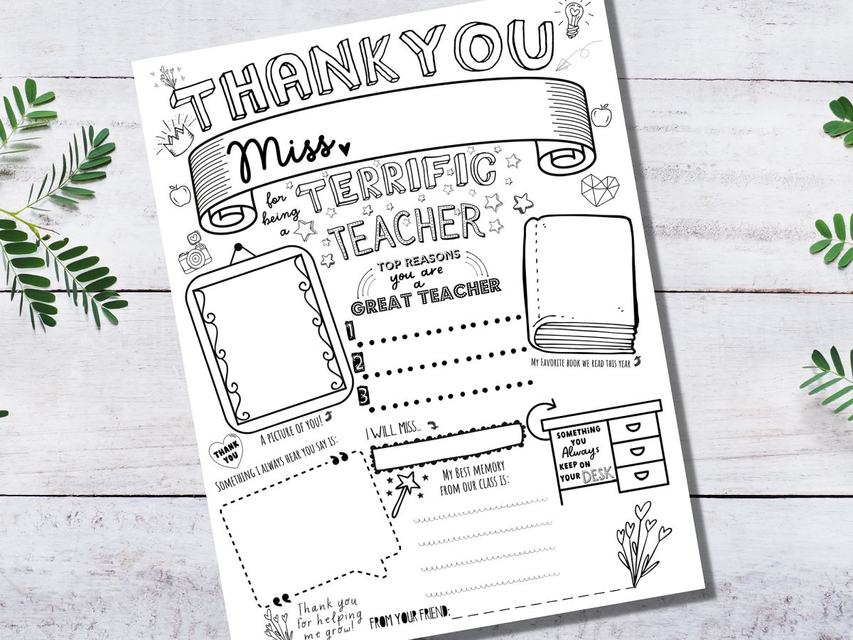 Miss. version of teacher thank you printable activity pages - Thank You for being a terrific teacher! An activity pages lying on a white wood background with some leaves around it.