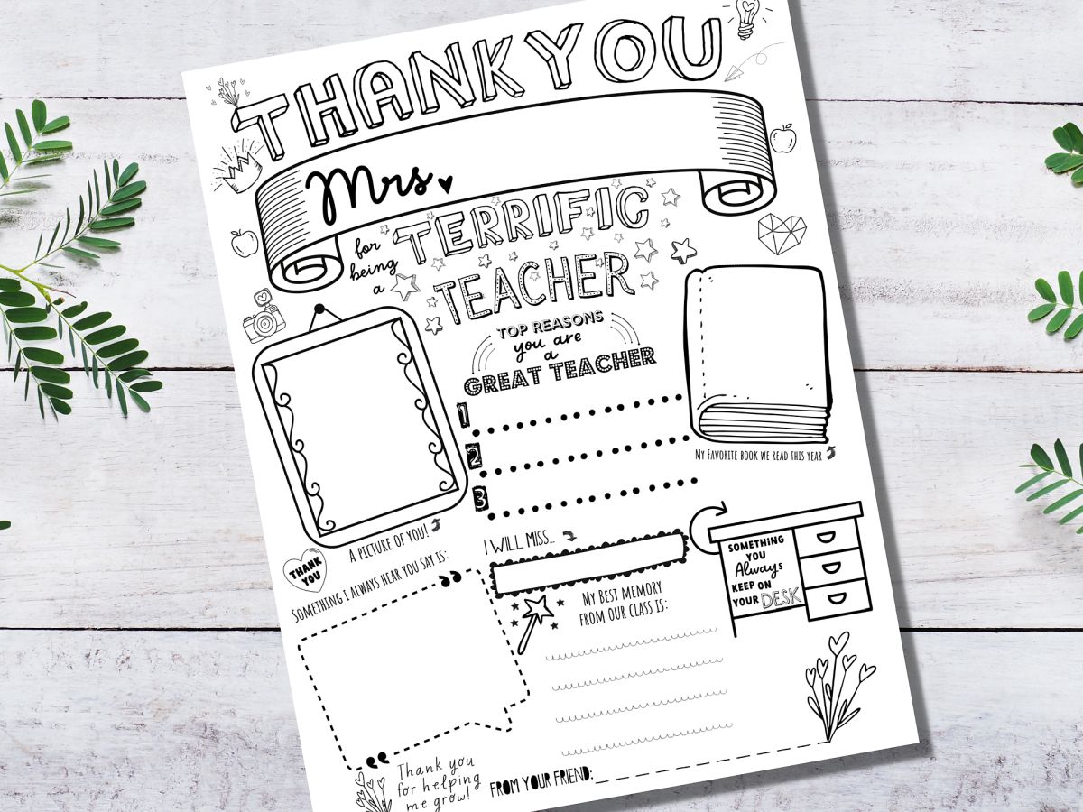 Mrs. version of teacher thank you printable activity pages - Thank You for being a terrific teacher! An activity pages lying on a white wood background with some leaves around it.