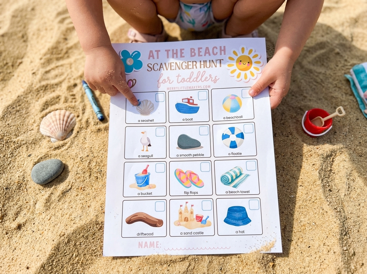 A Toddler holds the Beach Scavenger Hunt page and points to an image of a seashell.