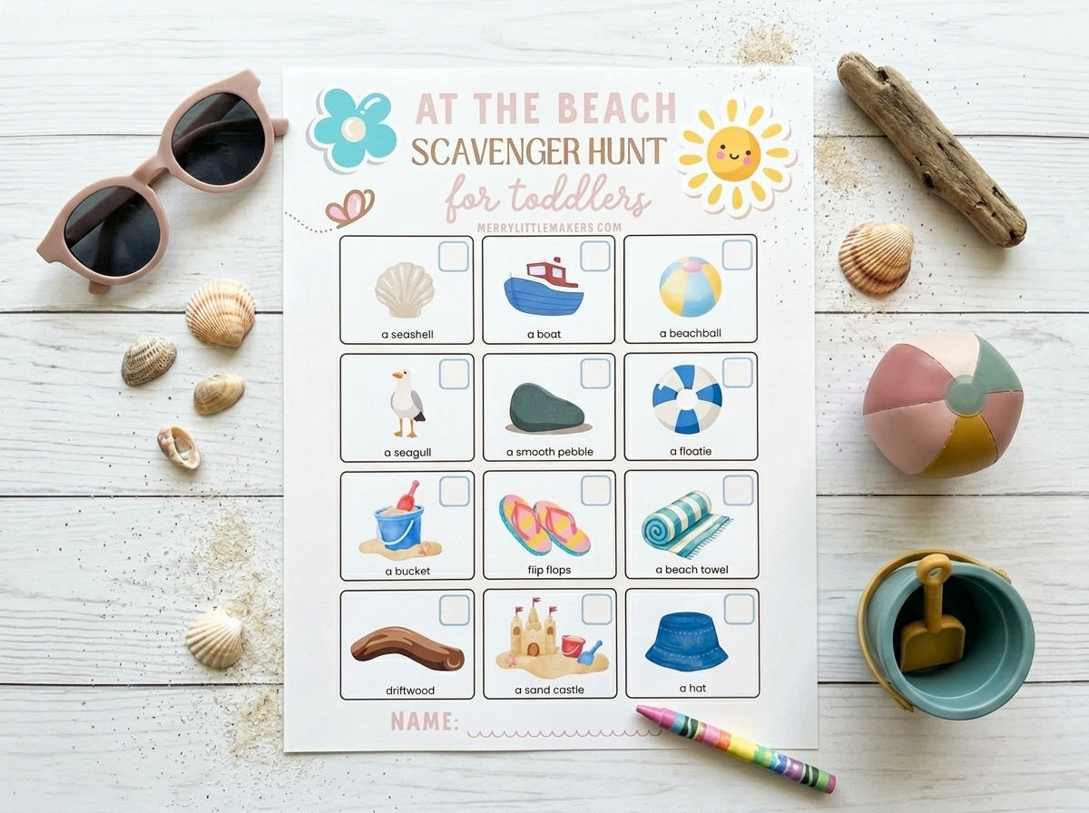 FREE PRINTABLE! At the Beach Scavenger Hunt for Toddlers