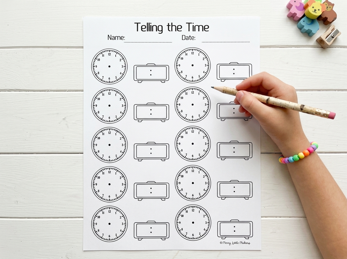 A child writes on a Telling the Time worksheet.