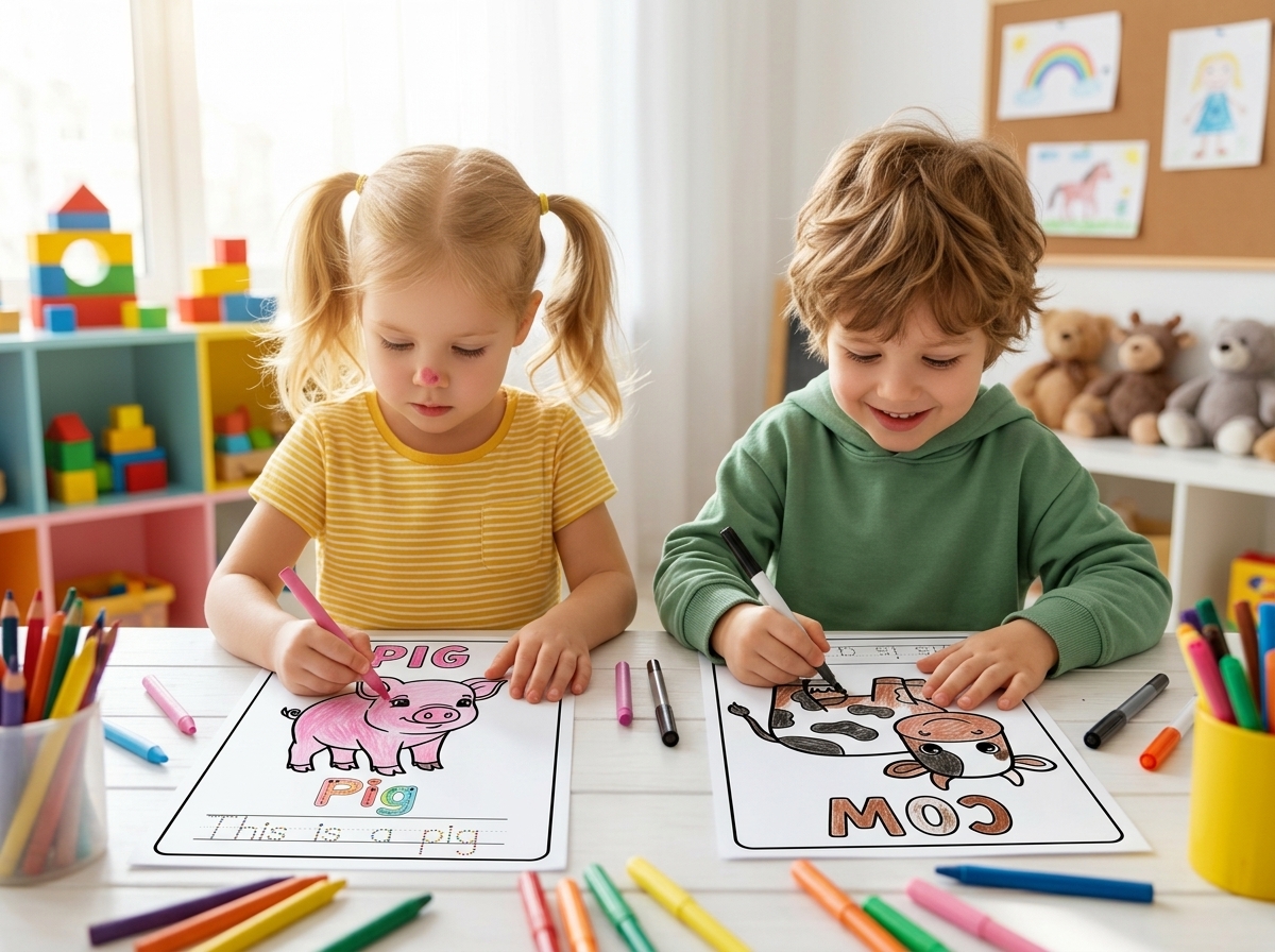 Two children colour the pages of the My Farm Animals colouring book.