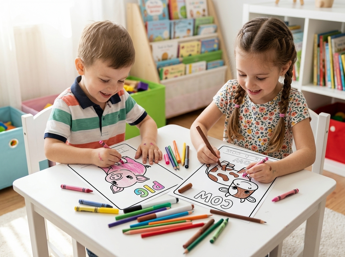 A boy and girl happily colour pages of the free My Farm Animals Book.