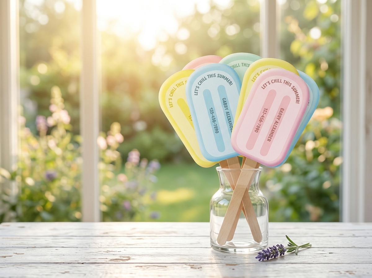 Paper popsicle 'Calling Cards' for kids sit in a vase in front of a sunny window.