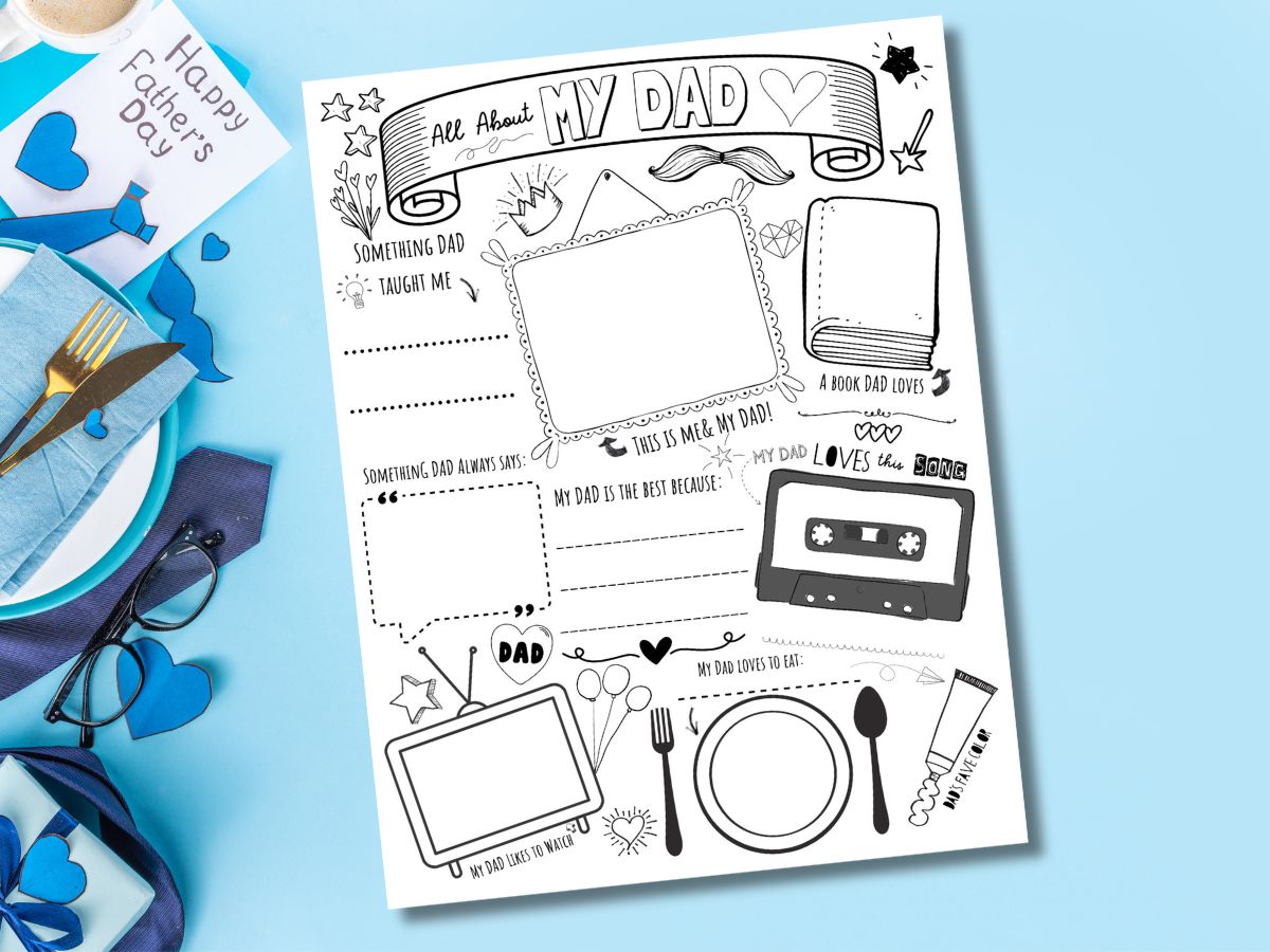 A Father's Day All About Dad activity and colouring page on a blue background with dad imagery around it - a tie, a Father's Day card, etc. in blue tones.