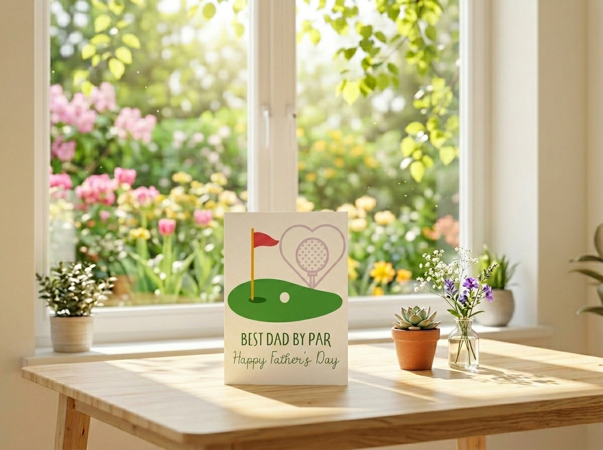 A Father's Day greeting card sits on a wooden table beside some spring flowers in a vase, in front of a sunny window with greenery and flowers outside.