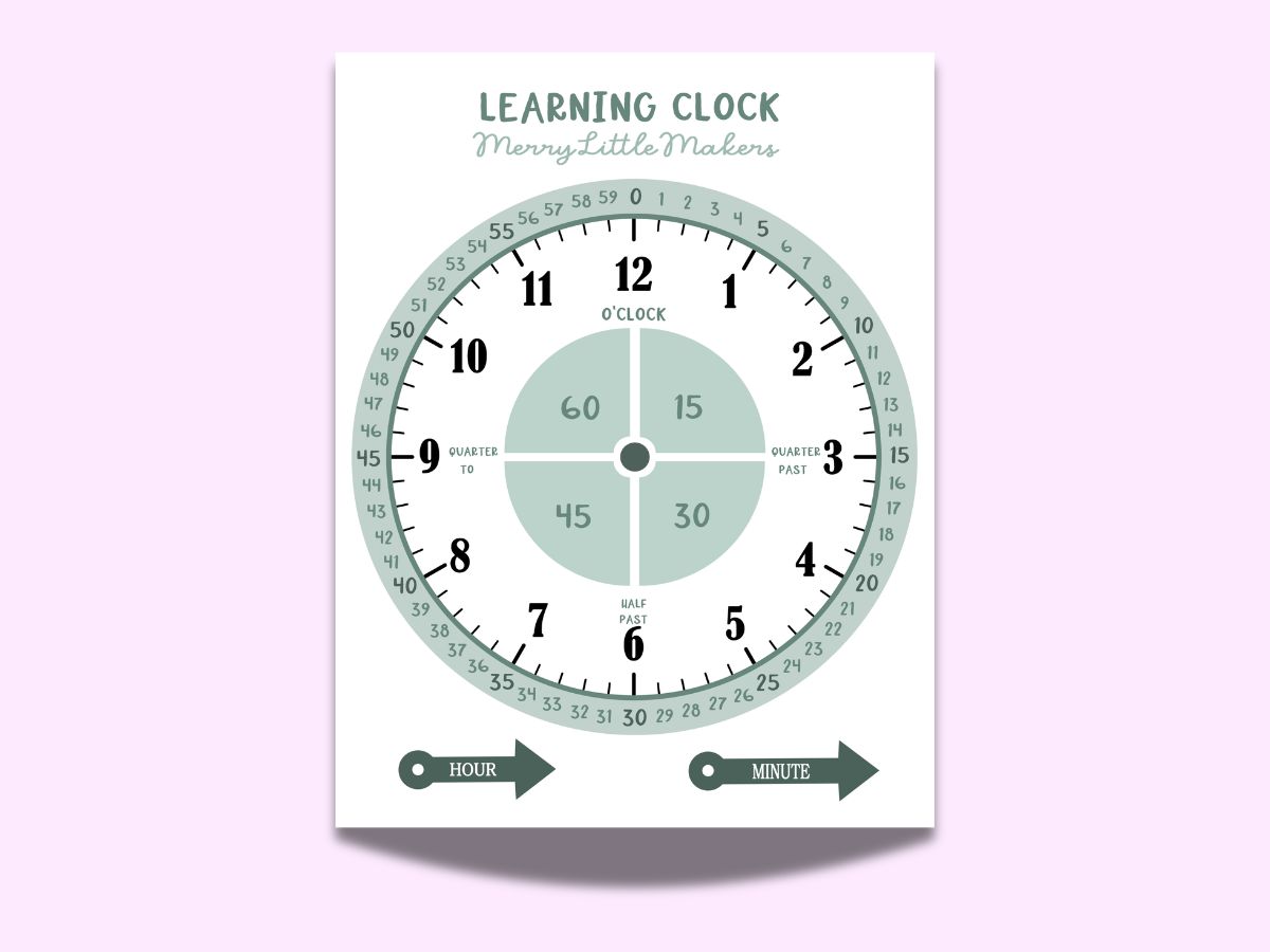 Learning Clock with details printable page.