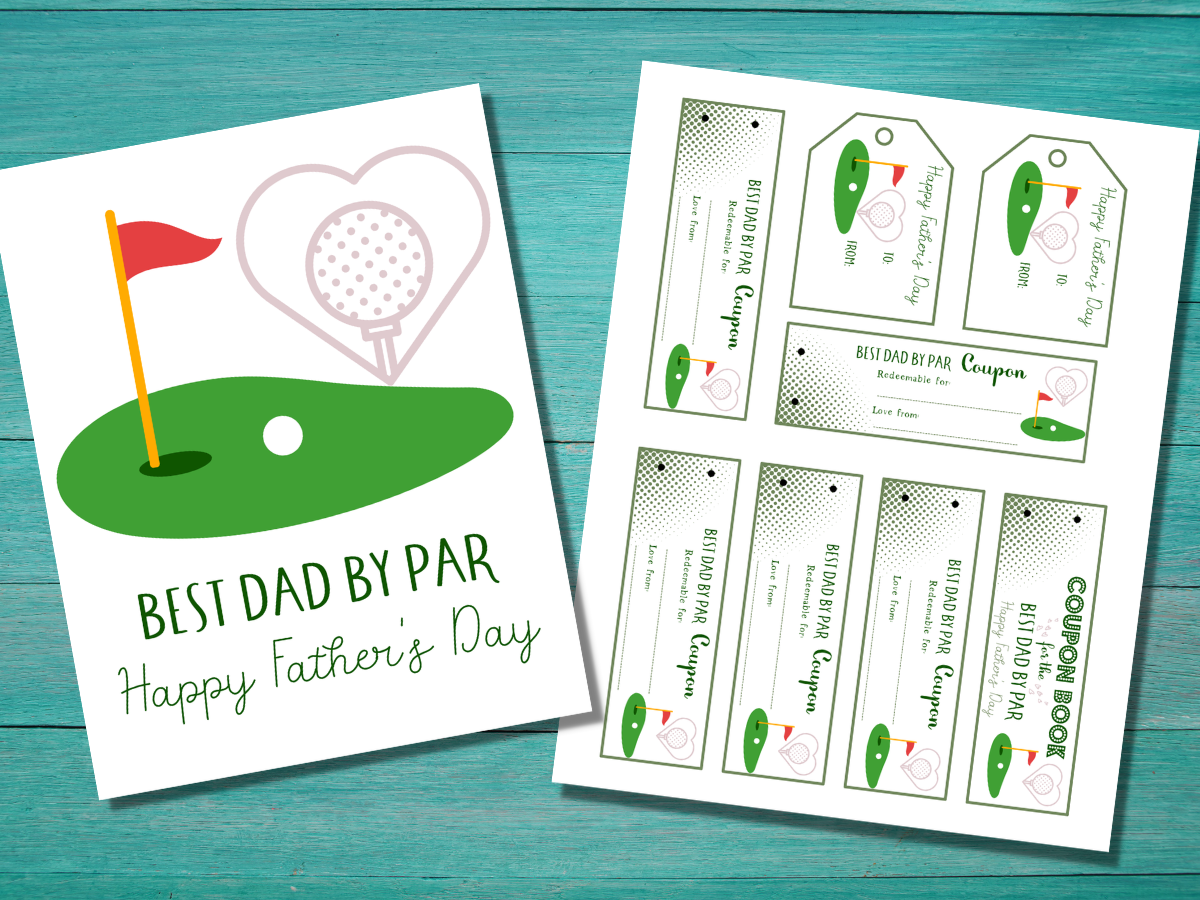 Free printable Father's Day Card - BEST DAD BY PAR - Happy Father's Day, alongside a page of Best Dad coupons and Father's Day tags. Free printable pages.