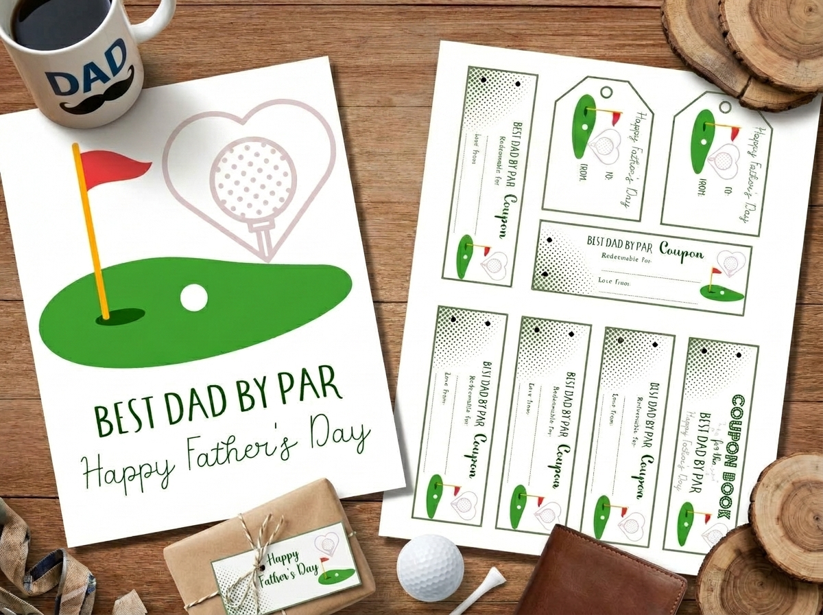 A Father's Day greeting card on a wood table with a printed out page of coupons and gift tags