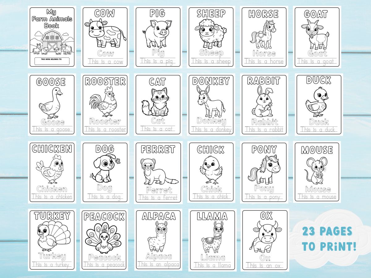 23 pages of the My Farm Animals book laid out on a blue background. Each page features an animal to colour, with the word for the animal in a tracing font beneath and a simple sentence to trace in a dotted font.