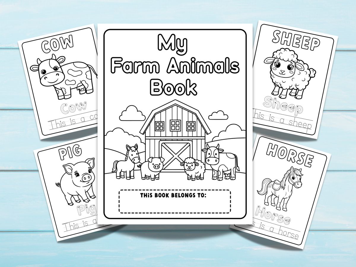 Five pages of the 'My Farm Animals' free PDF colouring book on a blue wood background.
