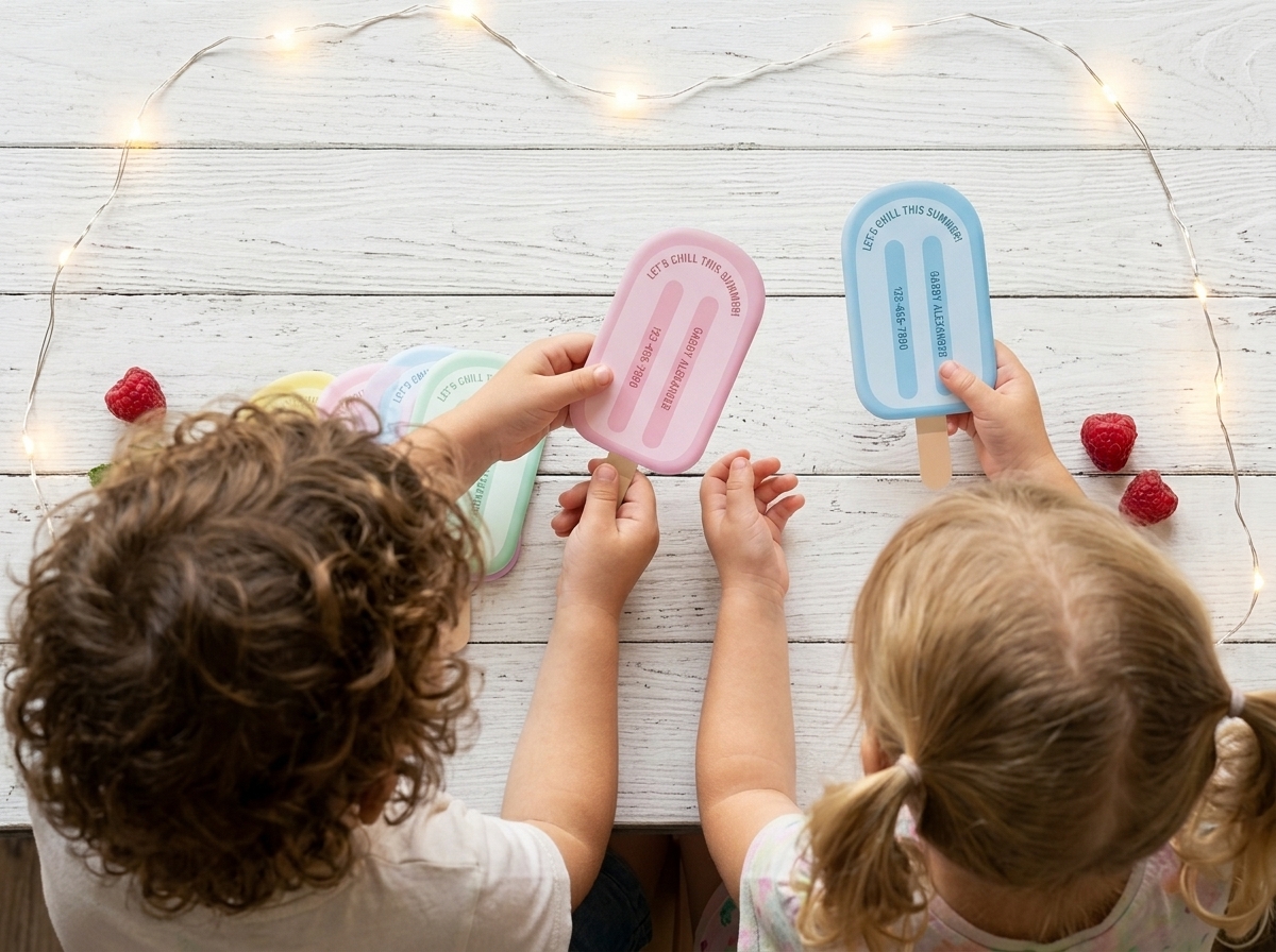 Two kids exchanging popsicle cards with their contact info on them. You can just see the tops of the kids head and their hands holding the cards.