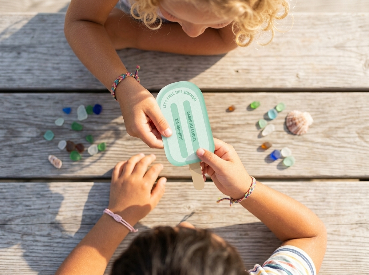 Two kids exchange a paper popsicle info card over a wooden table with gems and seashells on it.
