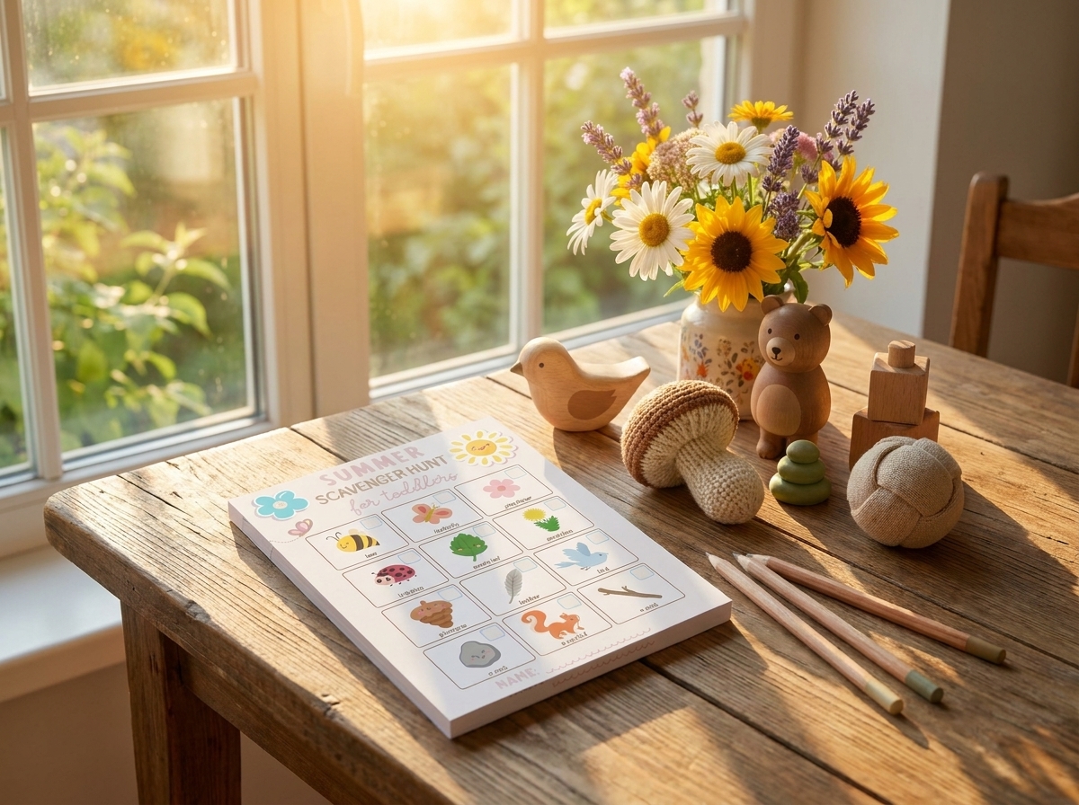 A pad of scavenger hunt pages lies ona table in front of a sunny window with flowers and natural toys beside it.