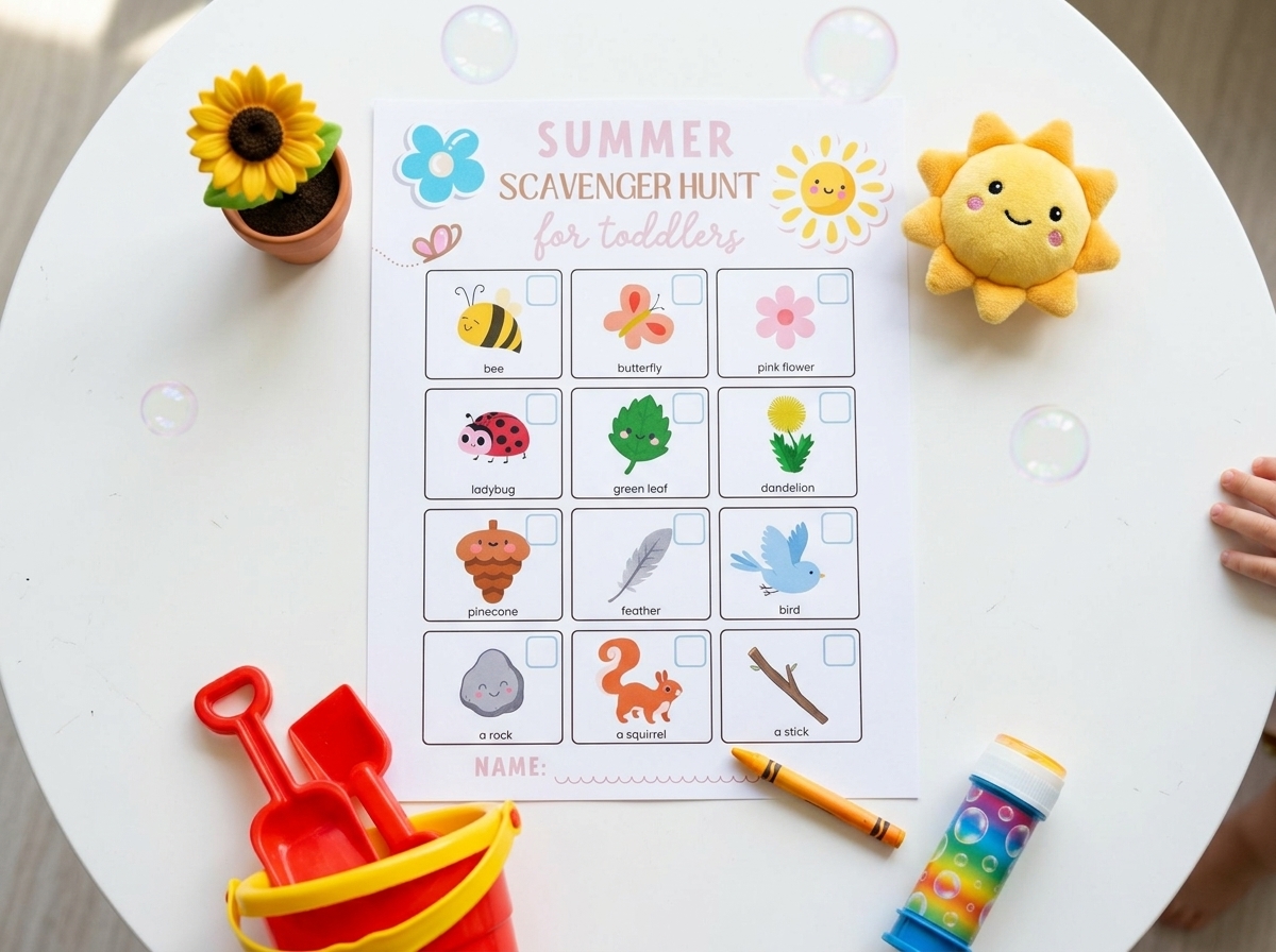 Summer printable page Scavenger Hunt for Toddlers lies on a white table with a sunshine toy and other summer imagery around it.