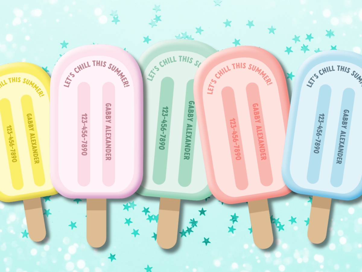 Yellow, pink, seafoam green, dark pink and blue paper popsicle calling cards sit against a background with shiny stars.