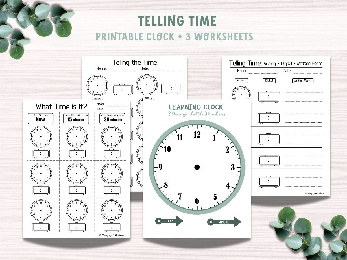 A set of four telling time printable pages for kids.