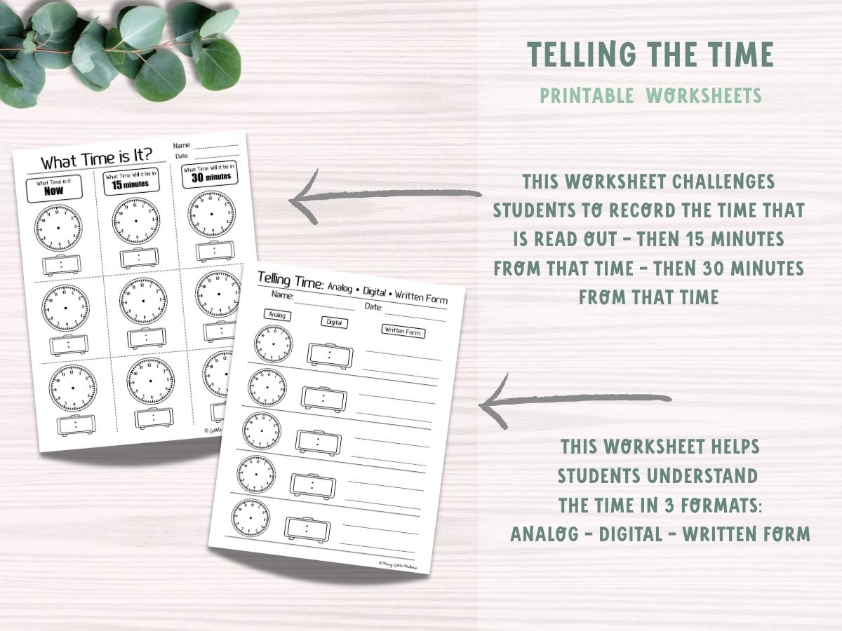 Two learn to tell the time pages for kids to fill in the blanks