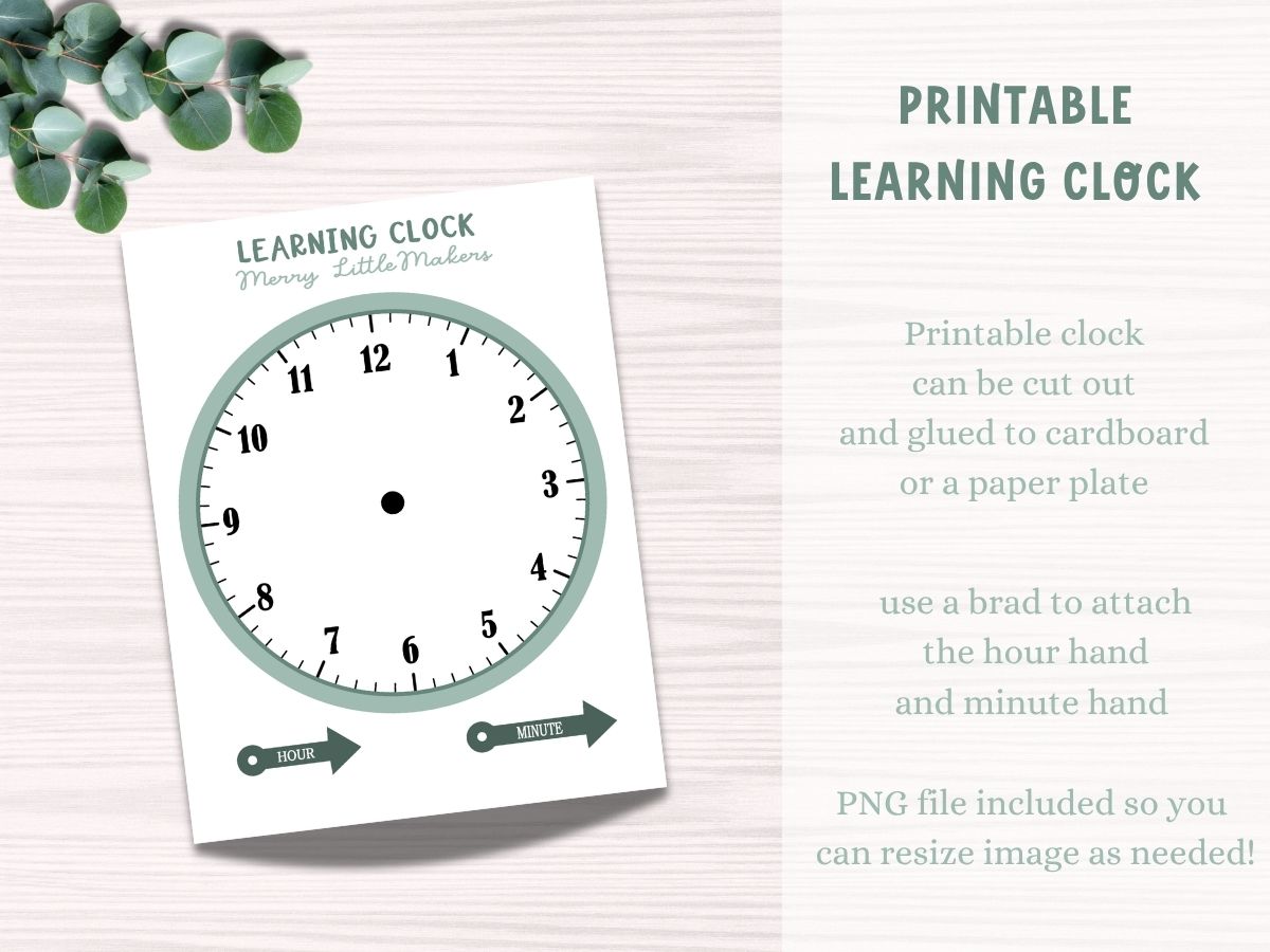 A printable clock face with hour hand and minute hand for learning to read an analog clock.