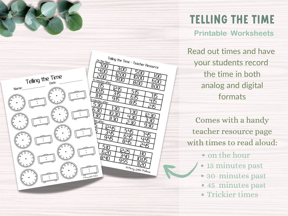 A telling time practice page with a page of times used as a teacher resource to call out times for students.