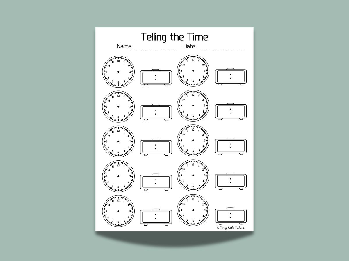 Telling the Time printable worksheet for kids to learn how to tell the time