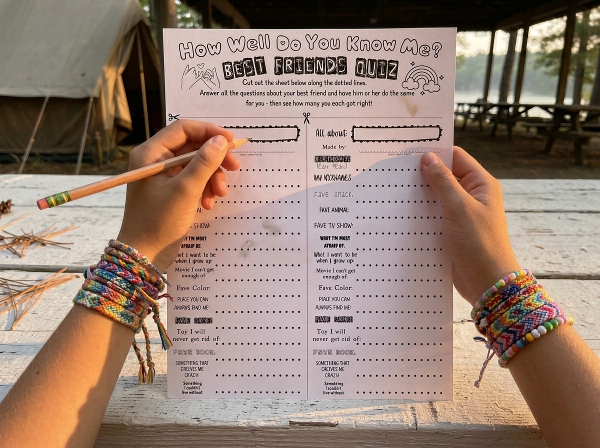 A Best Friends Quiz Page lies on a table surrounded by beads and friendship bracelets.