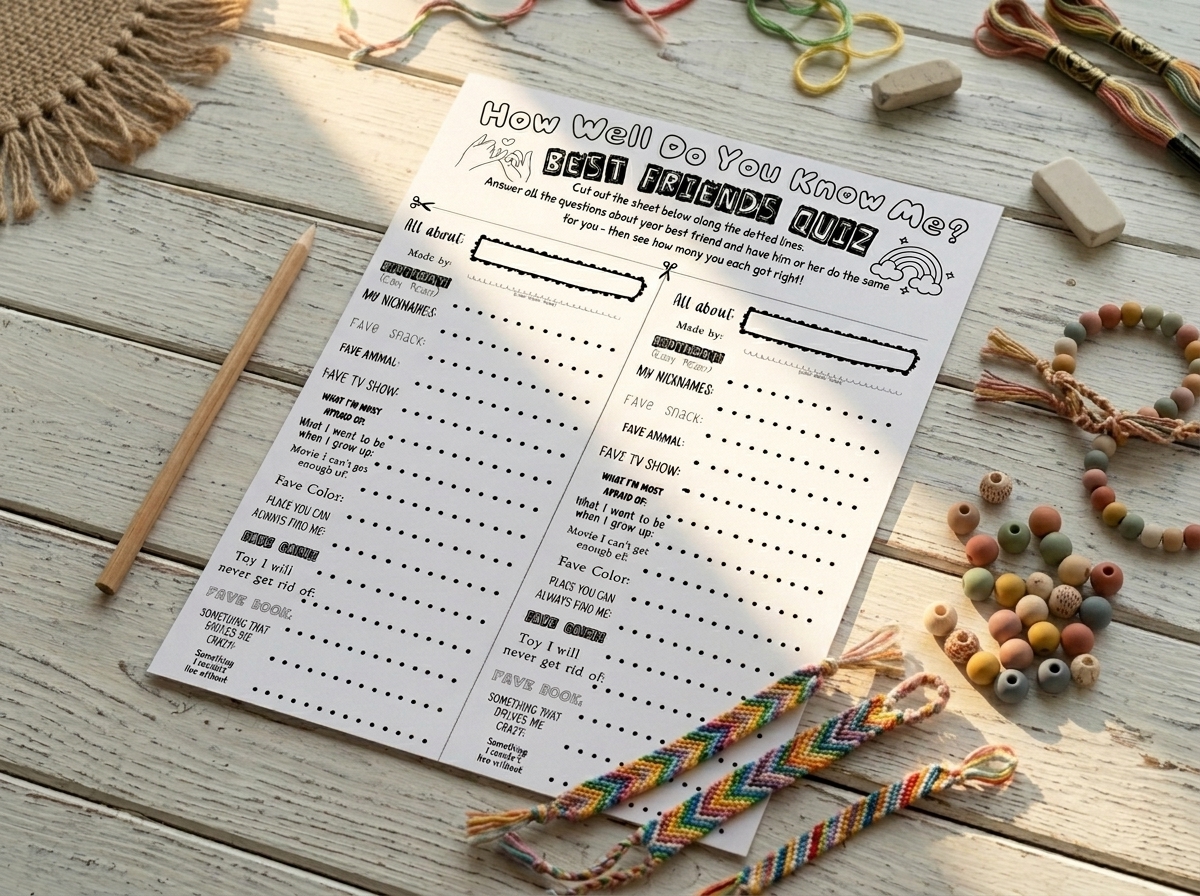 A Best Friends Quiz Page lies on a table surrounded by beads and friendship bracelets.