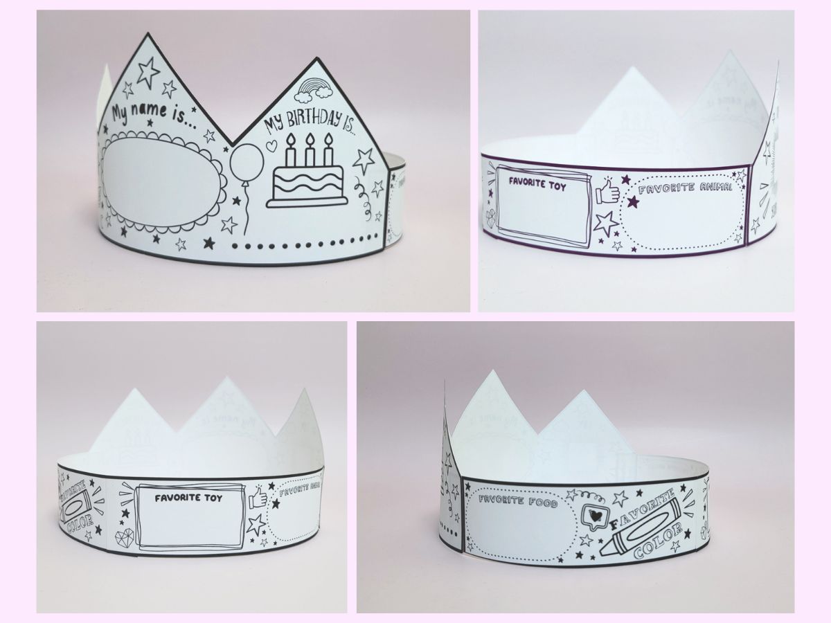 Four views of the All About Me birthday crown free printable activity for kids.