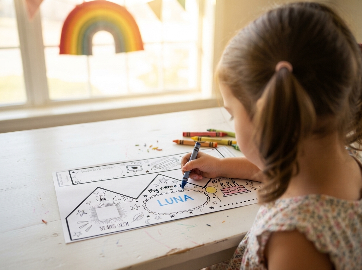 A little girl colours the All About Me Crown colouring page.