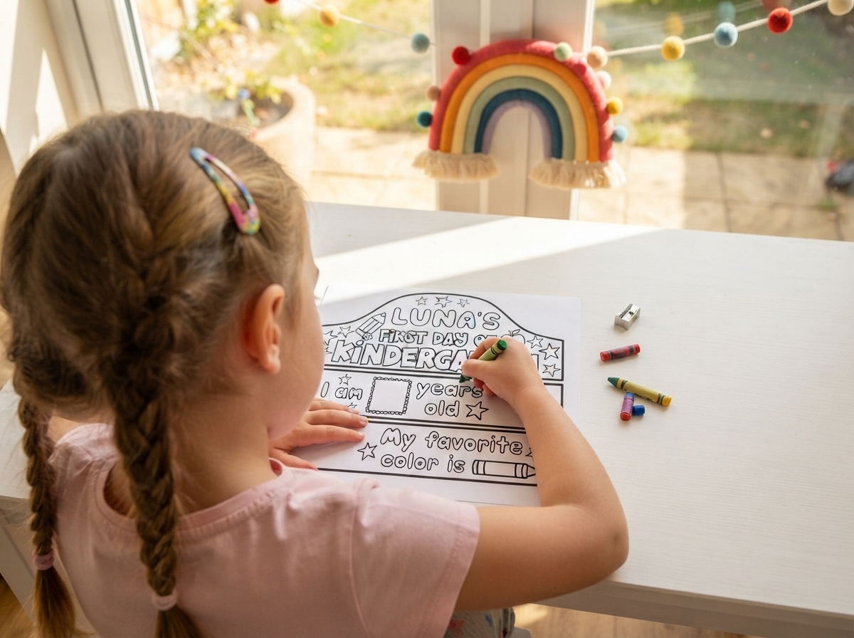 A little girl sits colouring in a first day of Kindergarten crown.