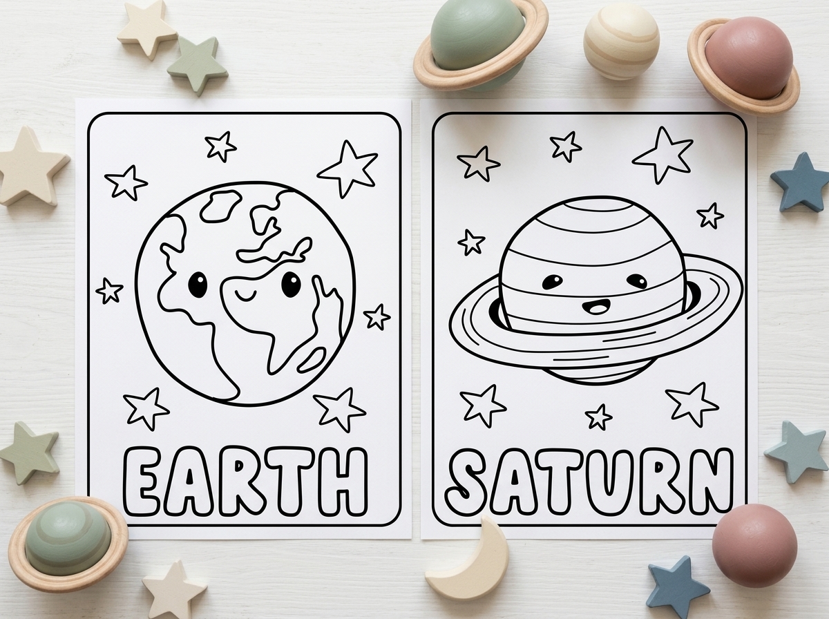 Planet Earth and Saturn colouring pages.