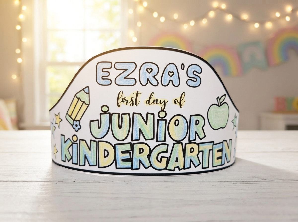 A printed paper crown for the first day of Junior Kindergarten personalized with a child's name.