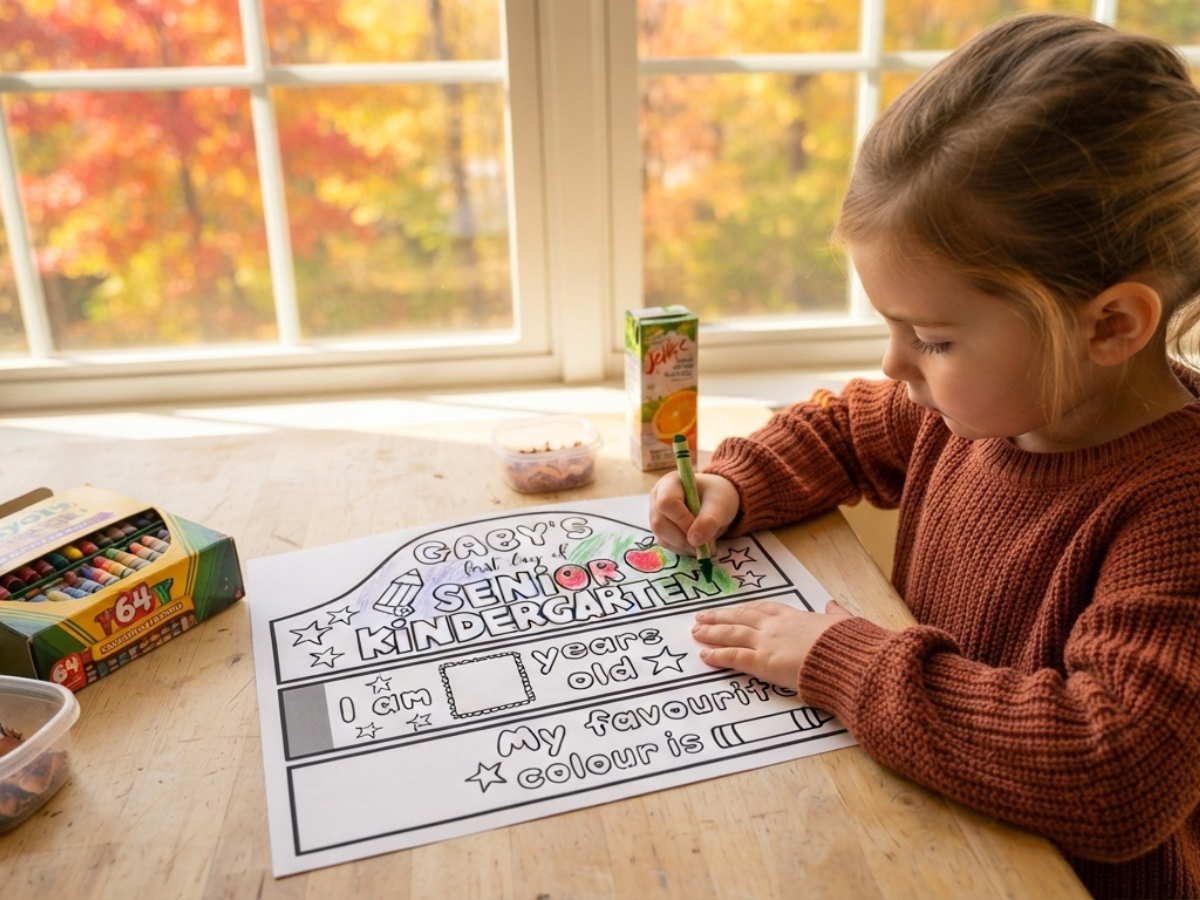 A little girl sits at a table colouring in a 'First Day of Senior Kindergarten' printable paper crown. The scene outside the window is fall-like. 