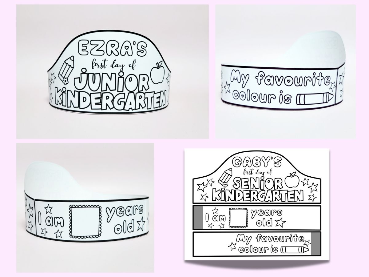 4 views of a printable 'First Day of Junior Kindergarten' printable crown. 