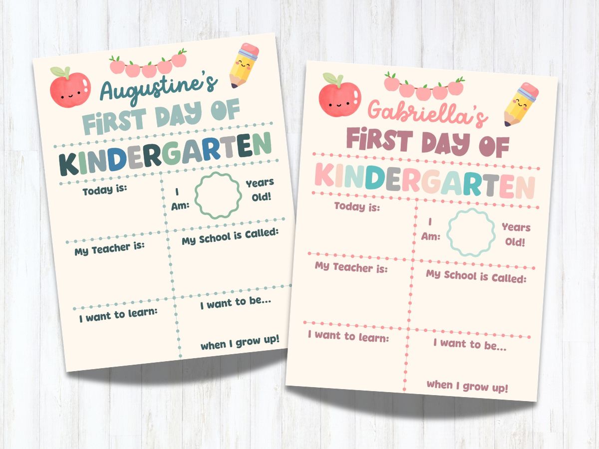 Two 'First Day of School' signs lie on a wooden table. They feature an editable area to add your child's name, age, new teacher's name, the date, etc. 