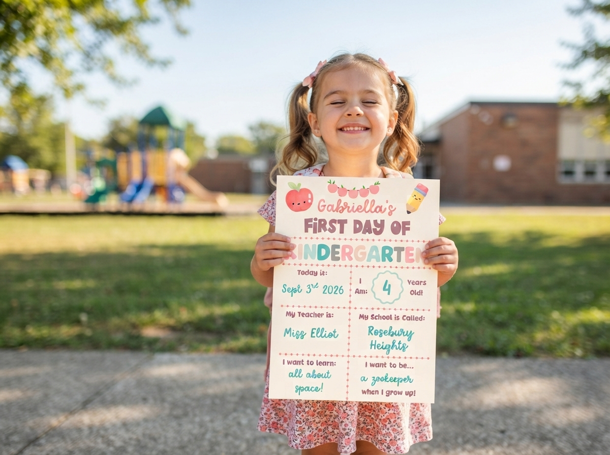 A little girl holds a 'First Day of Kindergarten' sign, smiling broadly, standing in front of a school. 
