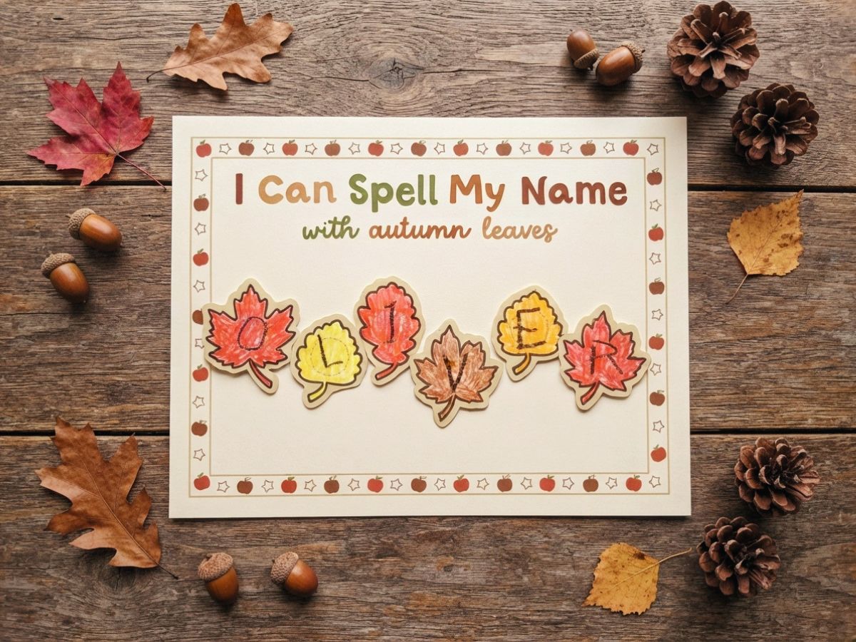 A page reading 'I can spell my name with fall leaves' with leaves spelling out the name 'Oliver' coloured in with fall colours.