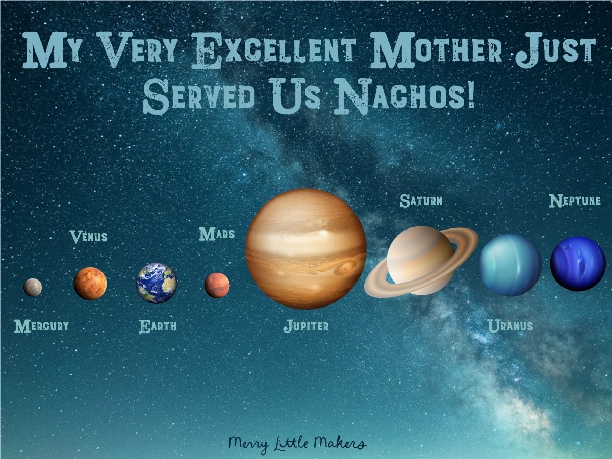 A planet order mnemonic device image showing the planets in order.