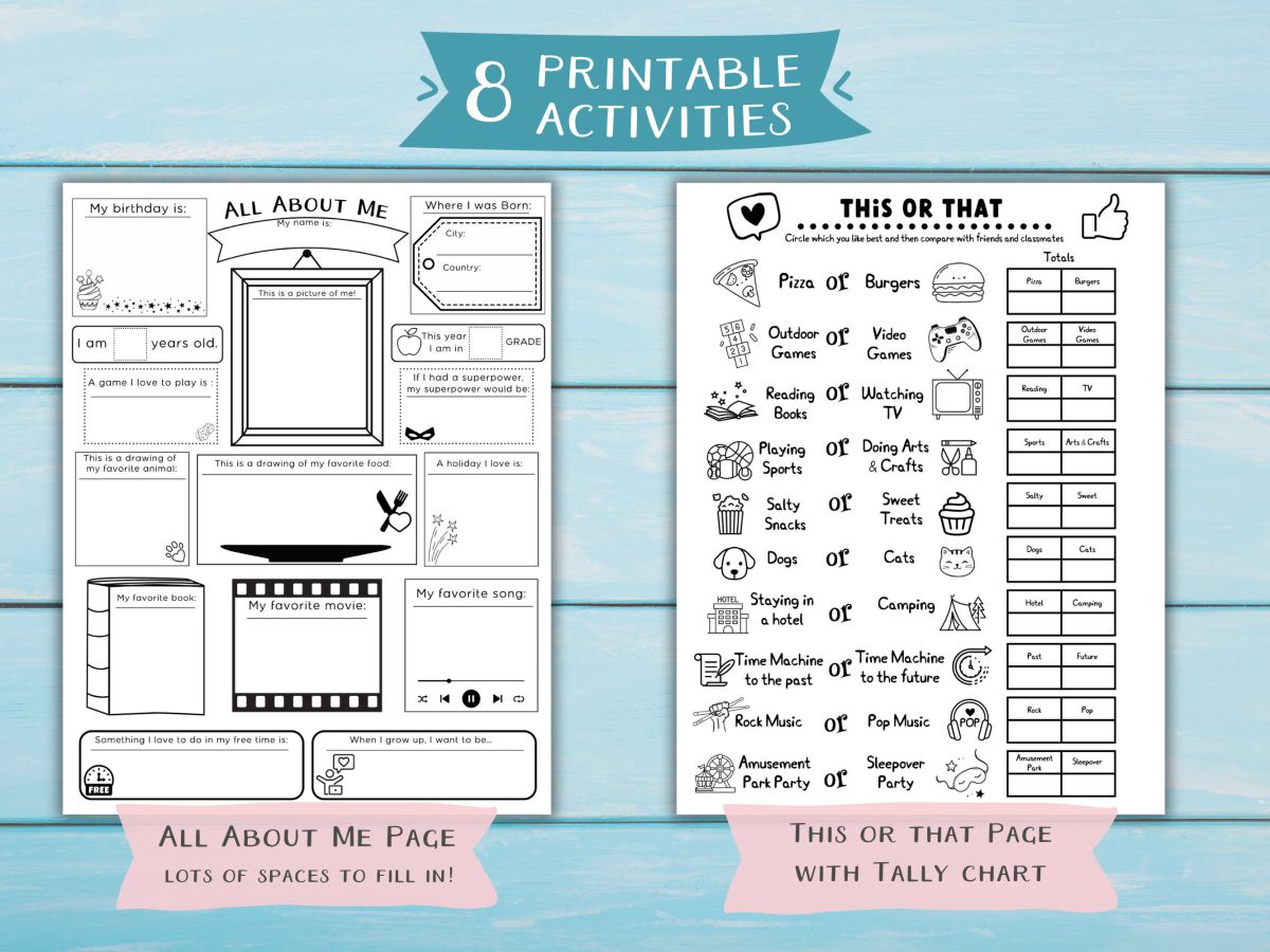 All About Me Page and This or That Activity page. 