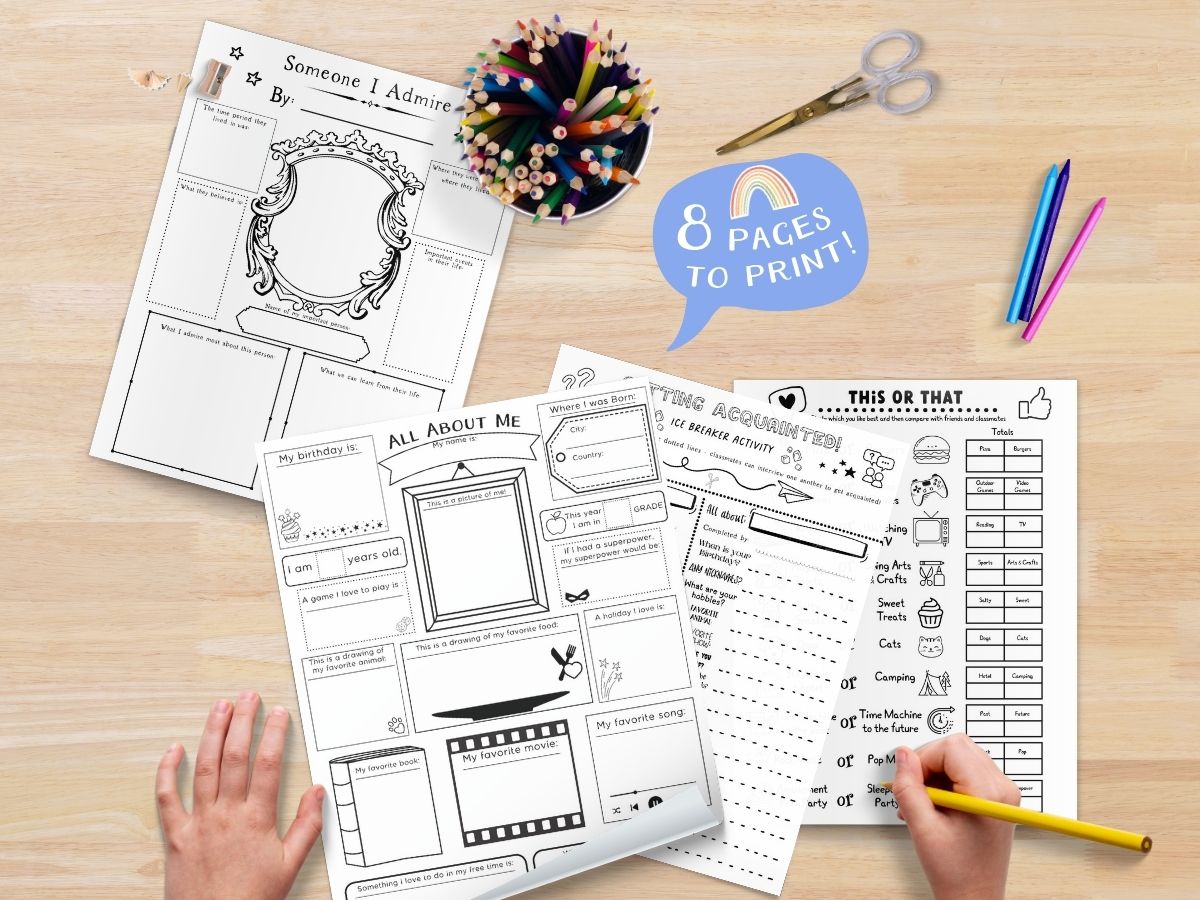 A set of About Me and Ice Breaker activity pages lie on a table in front of a child who is working on them. 