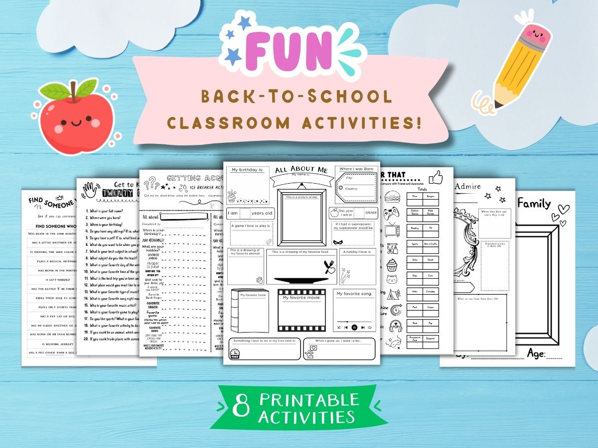 Back to School Activities Printable Pack – All About Me, Ice Breaker Games & Get to Know You Worksheets – Free Printable Pages!