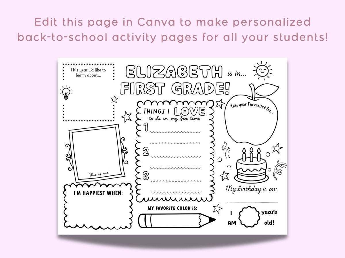 A Canva editable template 'All About Me' activity page. 