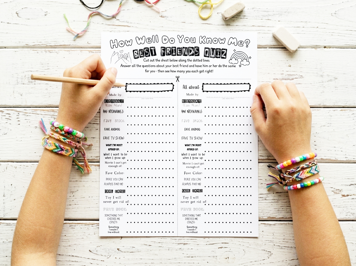 A girl with friendship bracelets filling out a best friend's quiz page.