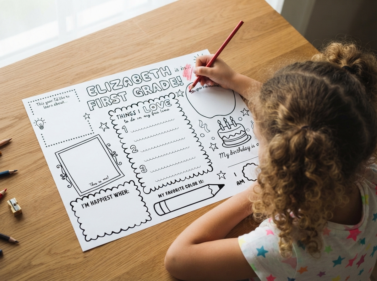 A little girl works on a printable colouring 'All About Me' page for back-to-school. 