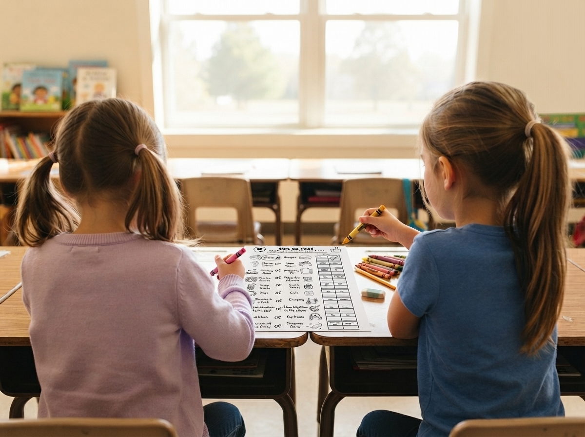 Two schoolgirls working on an activity page together in a classroom setting. 