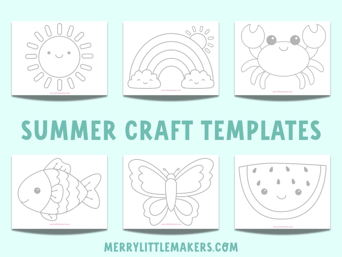 Summer art templates including: a sunshine, rainbow, crab, fish, butterfly and watermelon. 