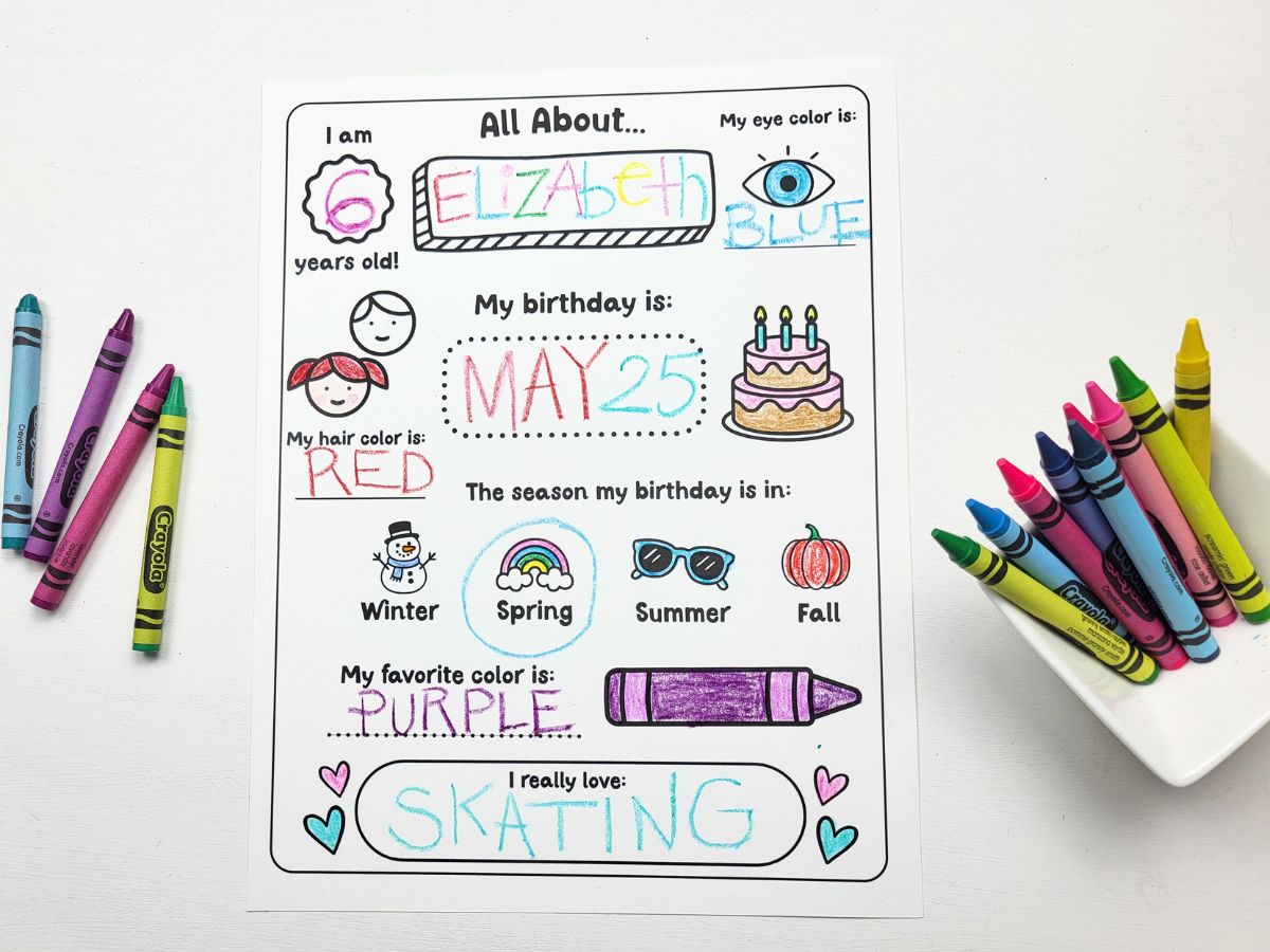 All About Me page with some crayons beside it. 