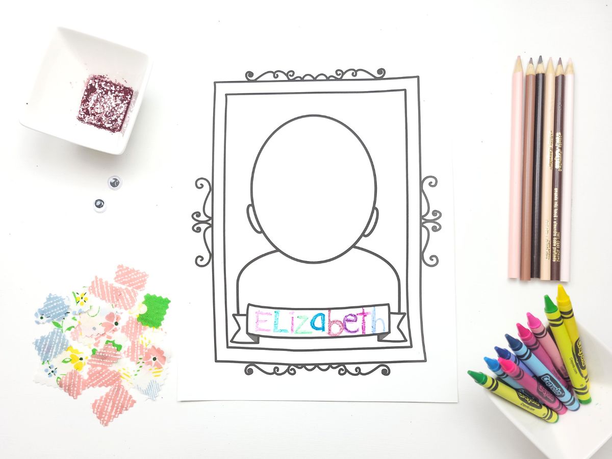 Kids Portrait Collage Craft page surrounded by crafting materials - red yarn glitter, fabric scraps, pencils and crayons with the name 'Elizabeth' written in rainbow colours at the bottom. 